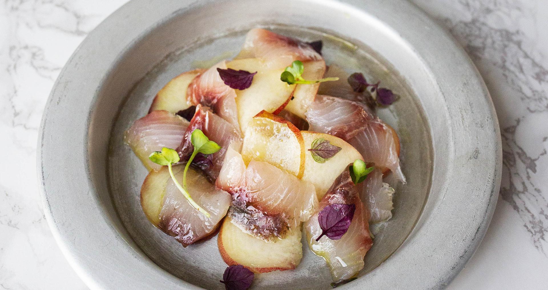 mullet crudo and flat peaches recipe banner taste explorer