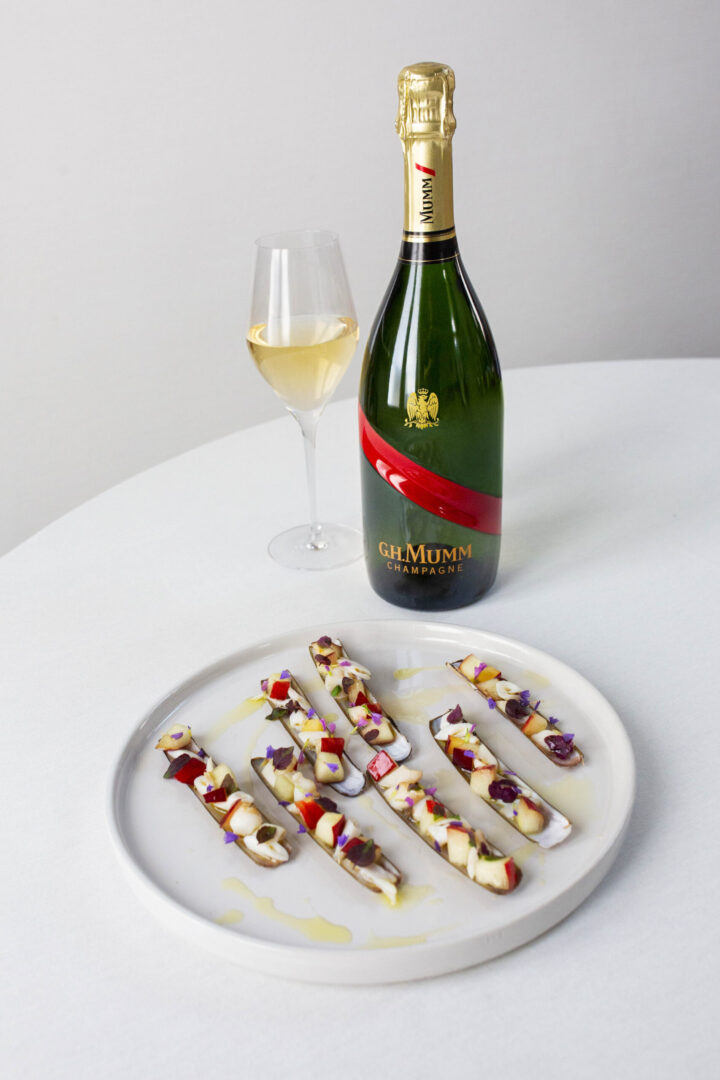 Razor clam and white nectarine ceviche food pairing portrait