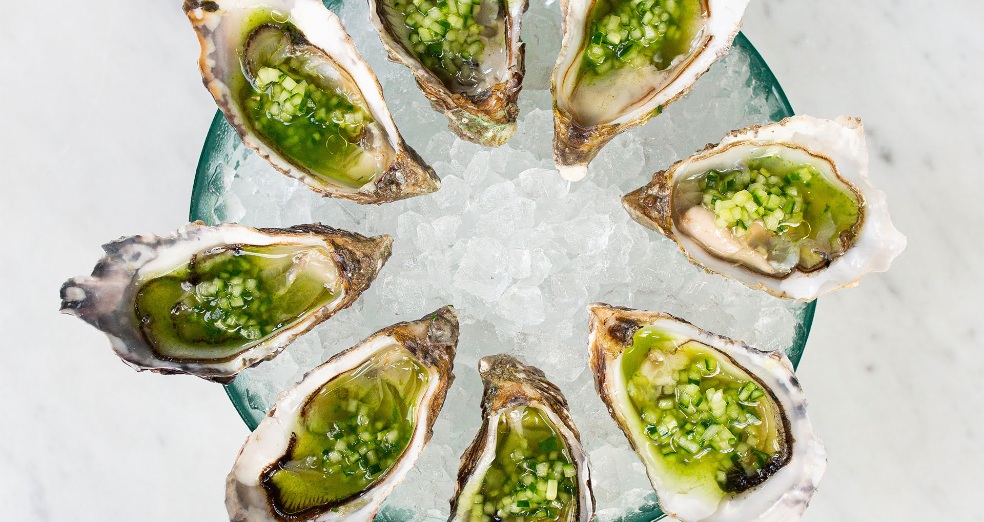 Oysters with Cucumber Water and Green Tomatoes