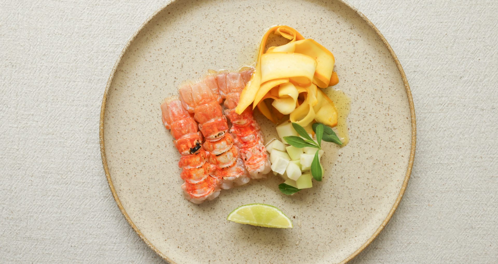 Grilled langoustines, green mango relish & warm courgettes - pairing champagne mumm cordon rouge dish - relish de mangues, langoustines grillées