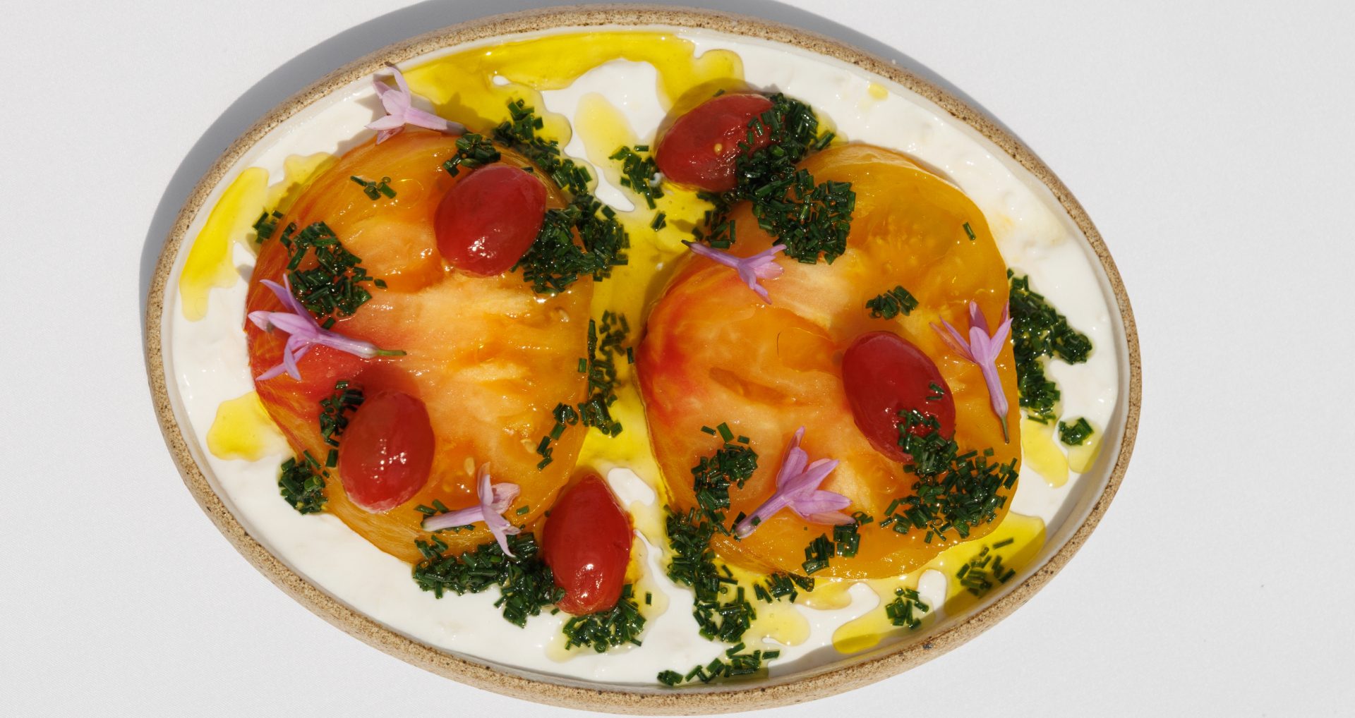 Heirloom tomatoes, fresh & ricotta whipped with basil oil - summer starter mumm cordon rouge pairing champagne