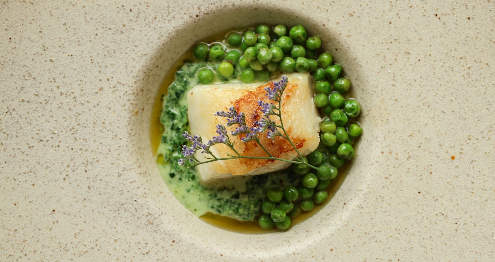 Pan-seared Cape hake, lemony morogo cream, fresh peas & spring onion oil - mumm cordon rouge champagne main dish - spring pairing