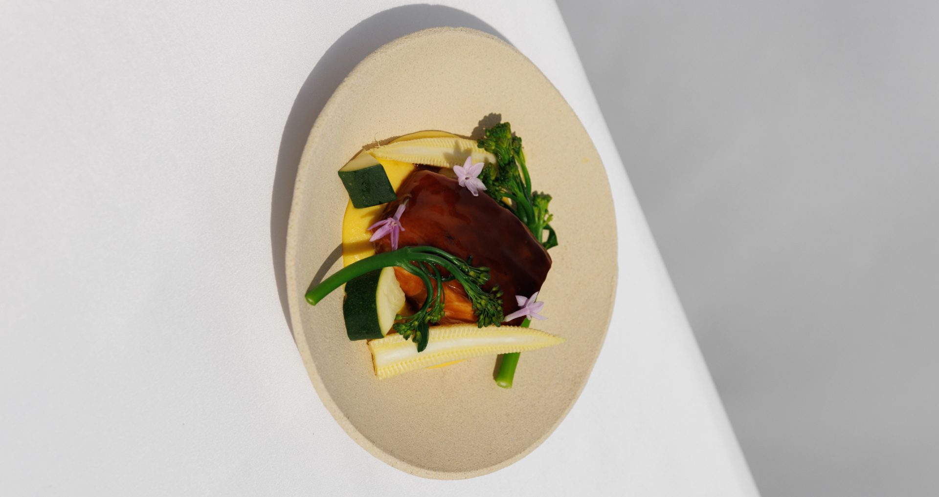 Miso-glazed salmon, white corn cream with yuzu kosho & spring vegetables - mumm cordon rouge champagne pairing - spring recipe - saumon miso