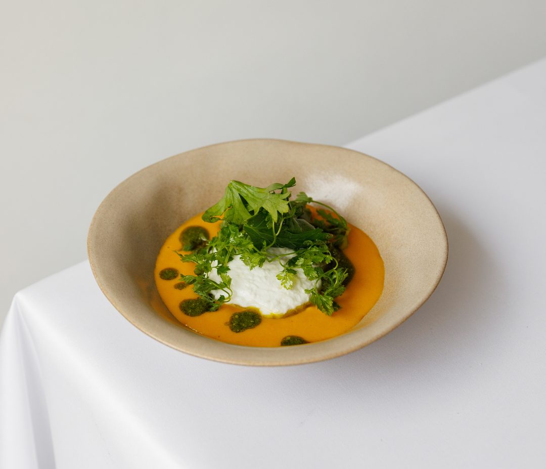 Roasted red kuri squash velouté, smoked milk mousse