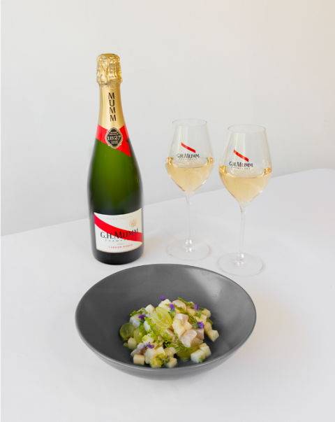 Ceviche kingklip, poire citronnée & raisins croquants