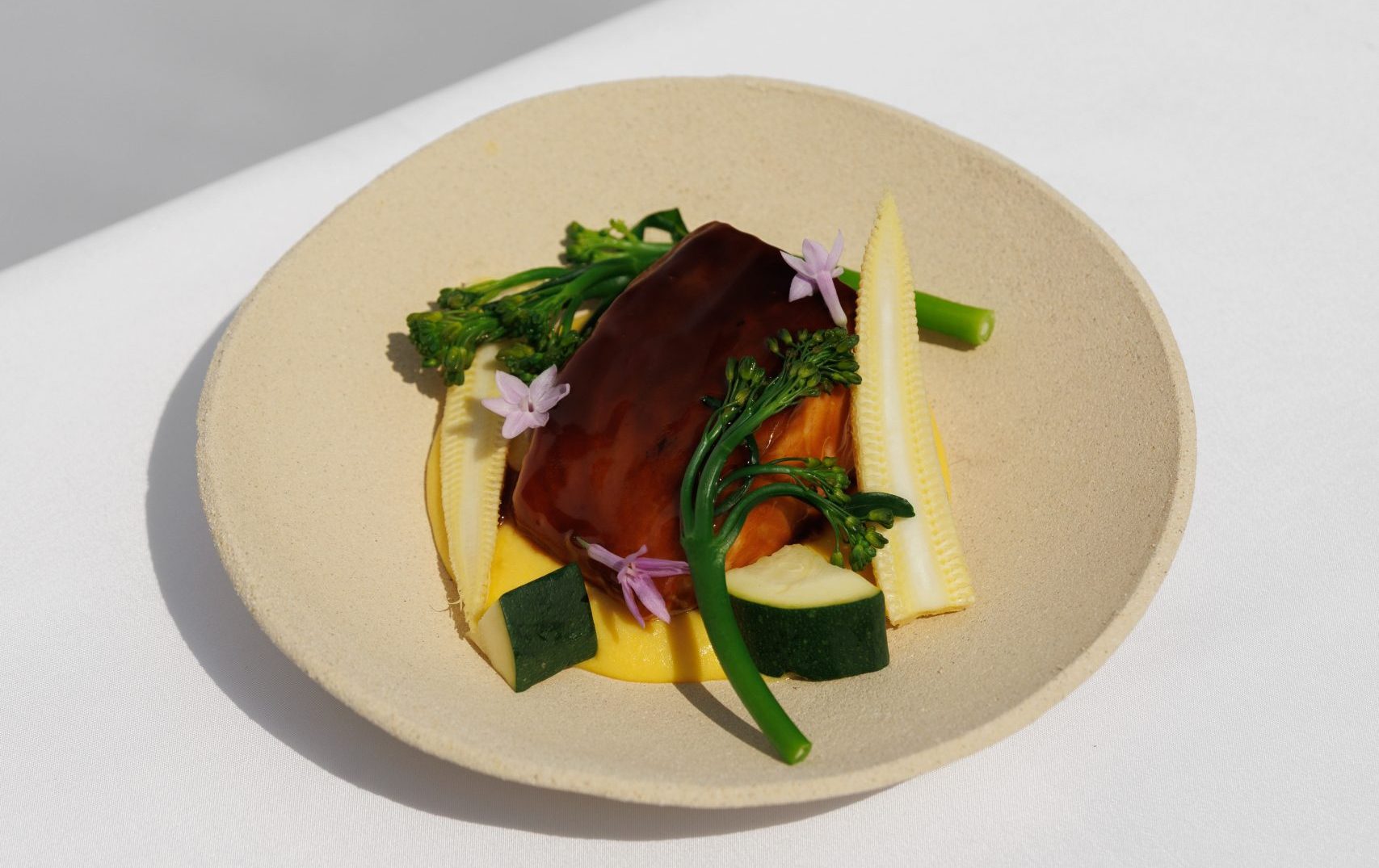 miso marinated salmon white corn cream & spring vegetables - Mumm Cordon Rouge pairing - main dish