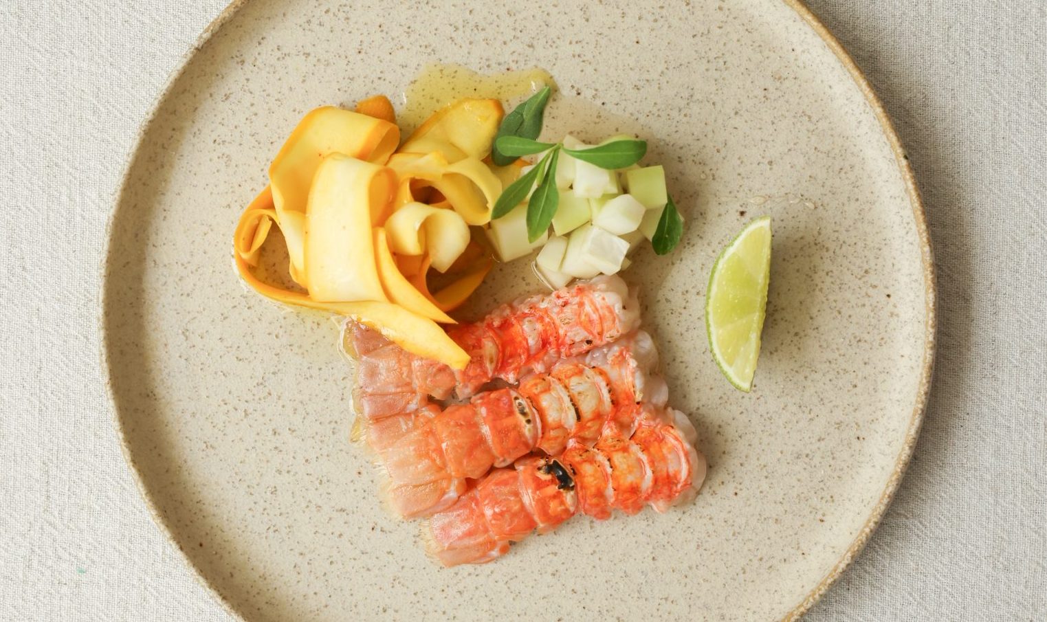 green mnago relish warm zucchinis, grilled langoustines - spring pairing Mumm Rouge