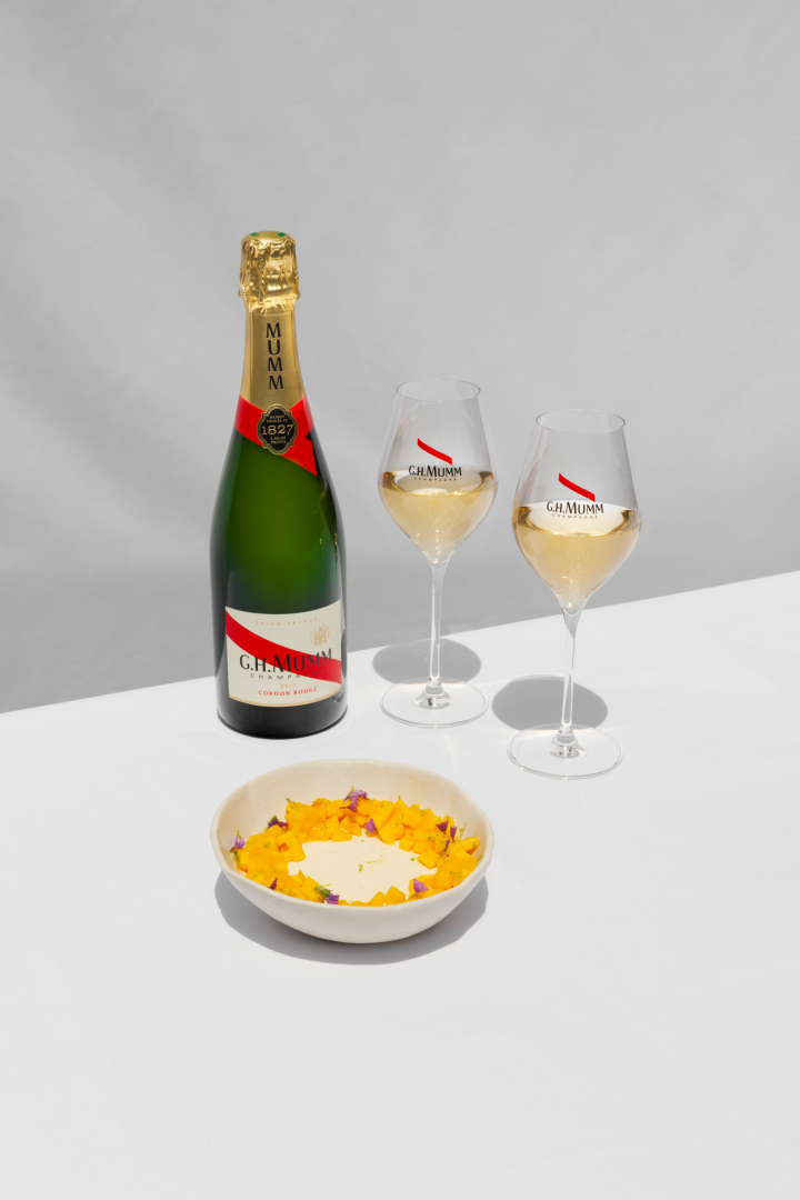 Rice milk panna cotta, mango coulis & fresh brunoise, lime zest - Mumm cordon rouge pairing
