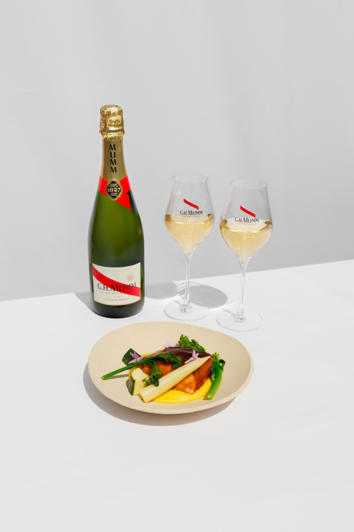 miso marinated salmon white corn cream & spring vegetables - Mumm Cordon Rouge pairing recipe