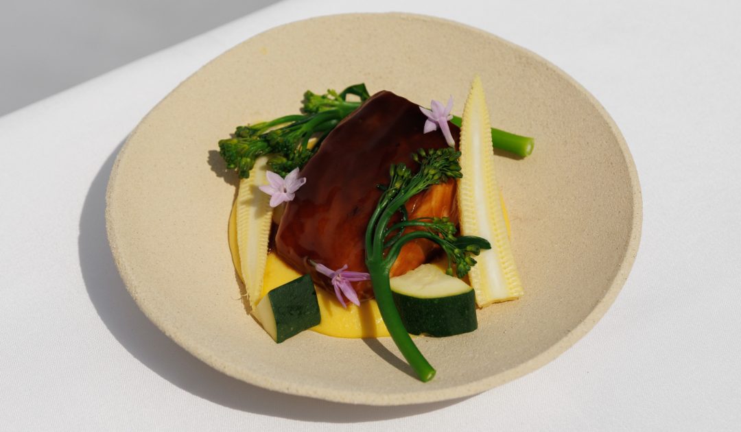 miso marinated salmon white corn cream & spring vegetables - Mumm Cordon Rouge pairing dish