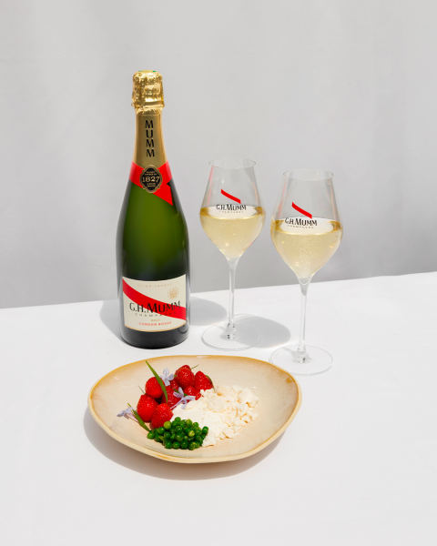 Verbena-marinated strawberries, sugar peas & breton sablé